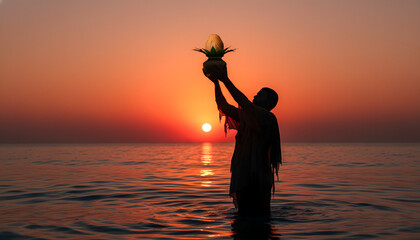 Man holding sacred coconut above water during sunset at the beach  