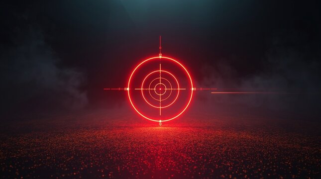 Red glowing target with concentric circles and crosshair in smoky atmospheric environment, representing focus, accuracy, direction, goal setting and modern digital technology
