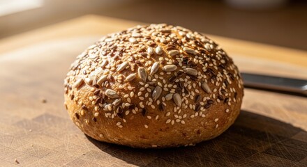 Close-up shot of a seeded whole wheat bread roll
