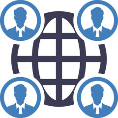 Global Network of Business People Representing International Connections and Digital Communication Illustrated in Blue and Dark Blue Tones with a Transparent Background