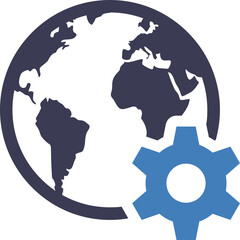 Globe icon with a blue gear symbol representing global operations technology and automation isolated on white background