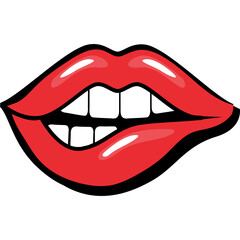 Glossy Red Lips Biting Lower Lip Slightly Open Mouth Showing White Teeth With Black Outline Against White Background Isolated Graphic Illustration