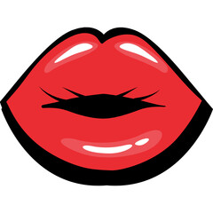 Glossy Red Lips With Black Outline And Closed Eyes In A Stylized Pop Art Illustration With A Transparent Background