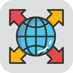 Globe icon with four arrows pointing outwards representing global reach and expansion on a transparent background