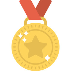 Gold Medal With Red Ribbon And Star Symbol For Achievement And Victory On A Transparent Background