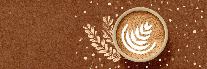 Warm Cup of Coffee With Latte Art Resting on a Textured Brown Surface Decorated With Simple Design Elements