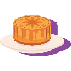 Golden Baked Mooncake with Intricate Pattern on a White Plate with Purple Shadow Isolated on White Background Pixel Art Style
