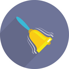 Golden Bell With Blue Handle Ringing Vibrating Motion Lines On Purple Circular Background With Long Shadow Effect Flat Design Illustration