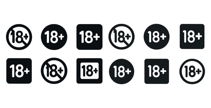 Variety of 18+ age restriction warning symbols in different shapes and styles