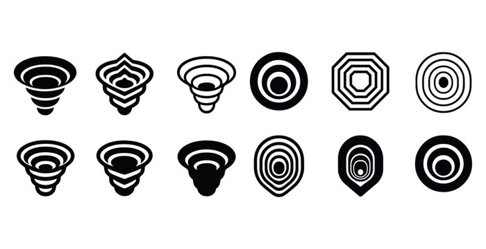 Black and white concentric spiral and circular geometric icons collection