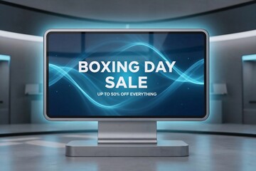 Digital advertisement screen displaying 'Boxing Day Sale: Up to 50% off everything' in a modern, futuristic indoor setting.