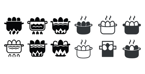 Set of egg boiling icons in various cooking pots and styles