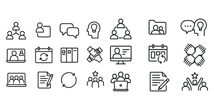 Teamwork and communication icons set: collaboration, meetings, and idea sharing