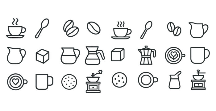 Minimalist coffee icons: cups, beans, grinders, and accessories in line art