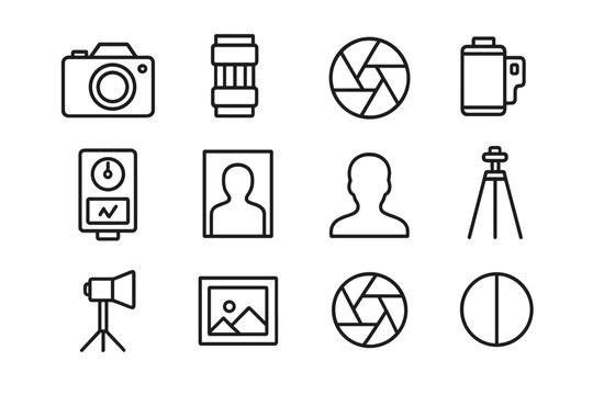 Black and White Icons. Black and White Photography. Line icon set of Black and White Photography: camera, lens, shutter, photo roll, light meter, portrait,