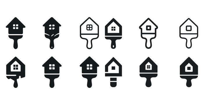 House and paintbrush icon set illustrating home improvement and renovation