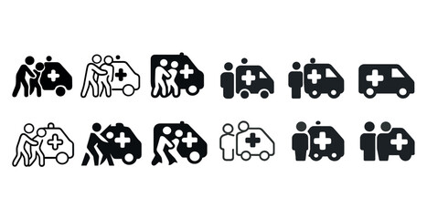 Emergency medical icon set showing ambulance and paramedic symbols in various styles