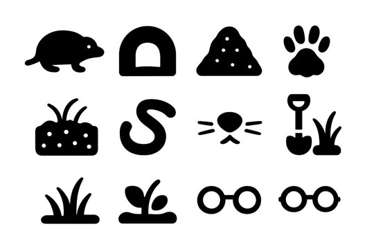 Underground Animal Icons. Underground Life. Solid icon set of Underground Life: mole, tunnel, dirt mound, digging paws, soil, worm, whiskers, nose, grass,