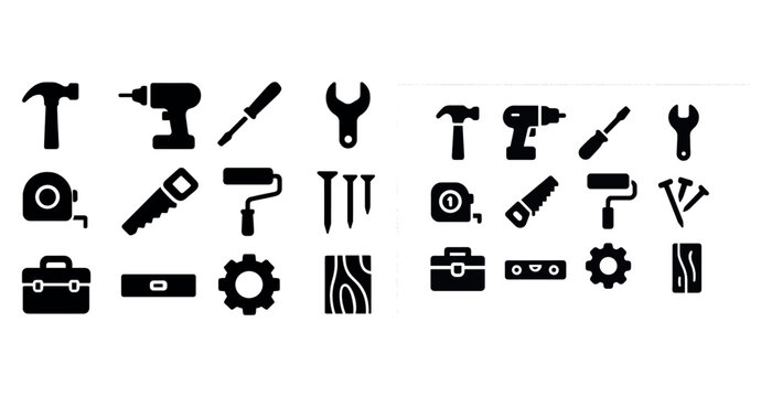 Set of black tool icons including hammer, drill, and wrench for construction and repair