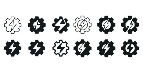 Obraz premium Black and white gear with lightning bolt icon set for energy and technology themes
