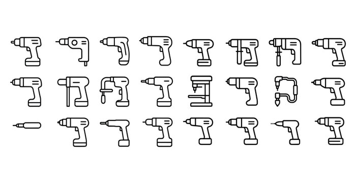 Collection of various drill icons in black and white line art style