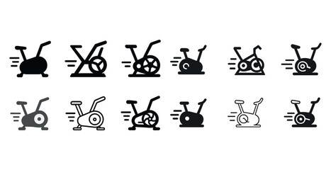 Set of exercise bike icons in various styles and designs