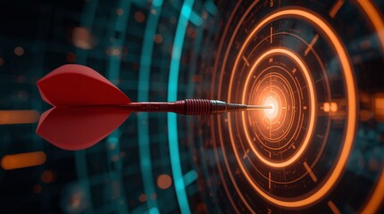 Red dart hitting the glowing digital target with concentric orange circles, symbolizing precision, focus, strategy, innovation and successful goal achievement in modern technology