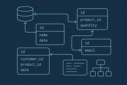 Visual representation of a dynamic database schema showcasing relationships between entities with clear identifiers and optimal data flow demonstrating modern data architecture
