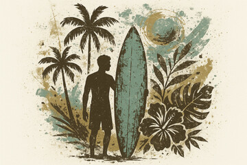 Artistic silhouette illustration featuring a surfer, palm trees, hibiscus flower, and tropical foliage. Ideal for beach-themed editorial, merchandise, and retro design projects.