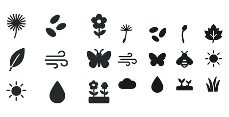 Fototapeta premium Nature and weather icons: flowers, leaves, insects, clouds, and sun symbols