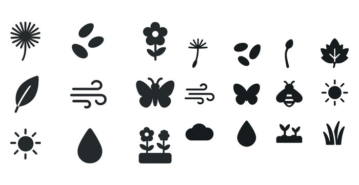 Nature and weather icons: flowers, leaves, insects, clouds, and sun symbols