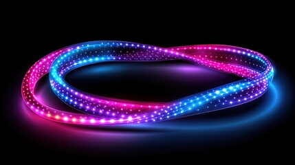 A neon infinity loop of blue and pink LED strip lights glowing in darkness