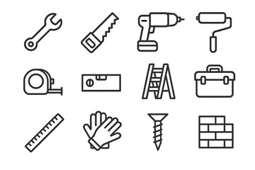 Fototapeta premium Home Improvement Icons. Home Improvement. Line icon set of Home Improvement: wrench, saw, drill, paint roller, tape measure, level, ladder, toolbox, ruler,