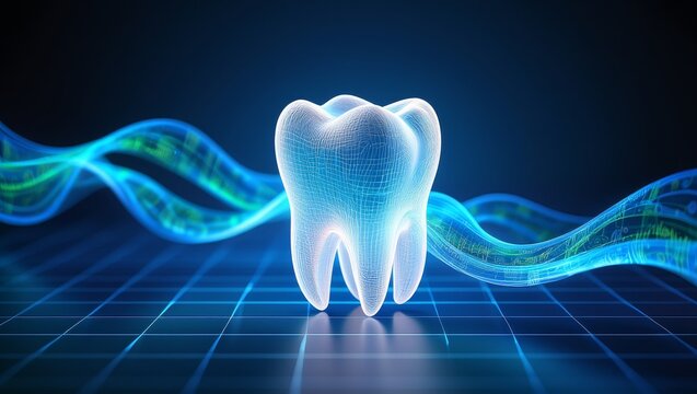 Futuristic 3D rendered wireframe of a white glowing tooth on a digital blue grid background with abstract energy waves
