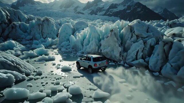 Glacier Adventure SUV Driving on Ice, Mountain Landscape