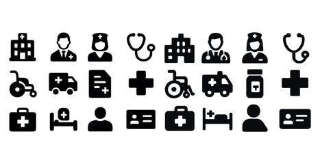 Medical icons set: hospital, healthcare professionals, equipment, ambulance