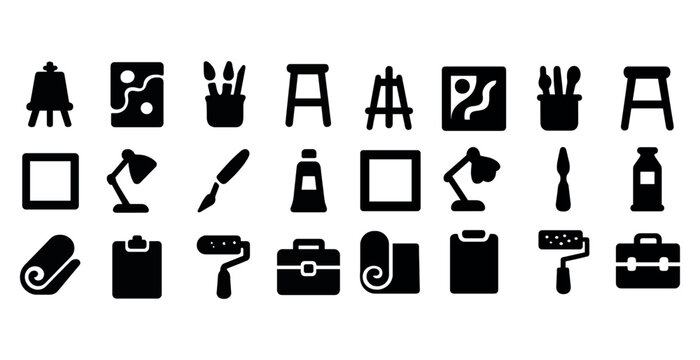 Art studio tools icons: easels, brushes, paints, lamps, rollers