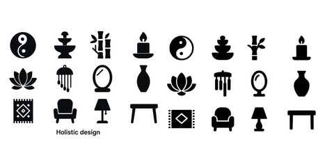 Obraz premium Holistic design icons: yin yang, candles, bamboo, lotus, furniture, and decor elements