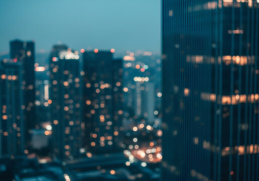 Night city view with a green digital pattern of a computer motherboard and electronic circuit board texture