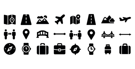Travel icons set: map, road, airplane, compass, bridge, luggage