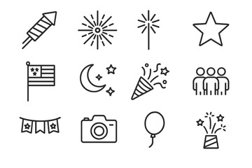 Fototapeta premium Fireworks Icon Set. Independence Day fireworks. Line icon set of Independence Day fireworks: rocket, burst firework, sparkler, star, flag, night sky, confetti,