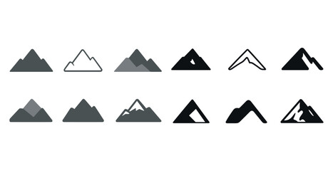Collection of twelve minimalist mountain icons in black and gray tones