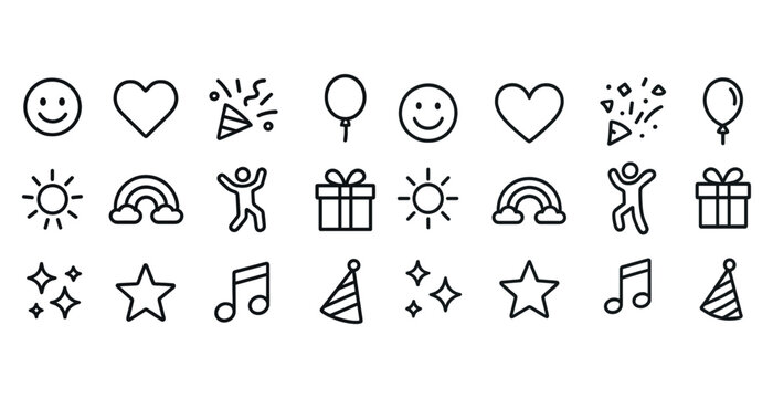 Festive icon set: hearts, balloons, gifts, music, and celebration symbols