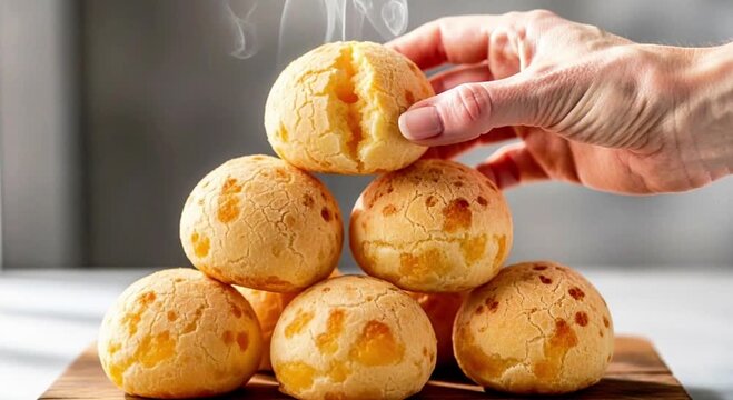 A stack of freshly baked Brazilian cheese breads with steam rising from the oven, also known as p&atilde;o de queijo