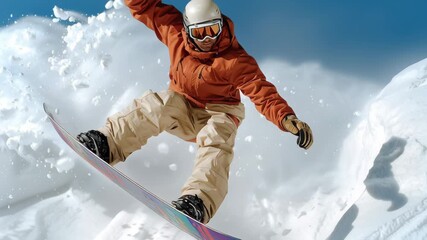 Snowboarder is in mid-air, performing a trick. Concept of excitement and adrenaline, as the snowboarder is captured in a dynamic pose