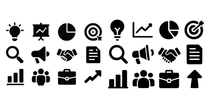 Set of business icons: charts, graphs, magnifying glass, target, light bulb, briefcase, teamwork symbols