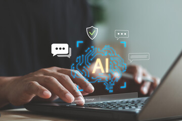 Person hands typing on laptop with glowing AI interface, representing digital innovation, intelligent communication and advanced technology for modern data-driven solutions and smart workflow systems.