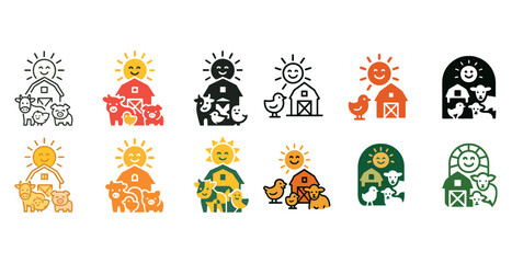 Fototapeta premium Colorful farm animal icons with sun, barn, and happy animals in various color schemes