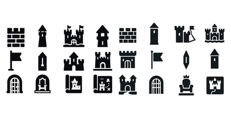 Fototapeta premium Vector icons of castles, towers, fortifications, and medieval flags in black silhouette