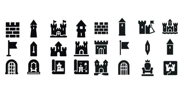 Vector icons of castles, towers, fortifications, and medieval flags in black silhouette